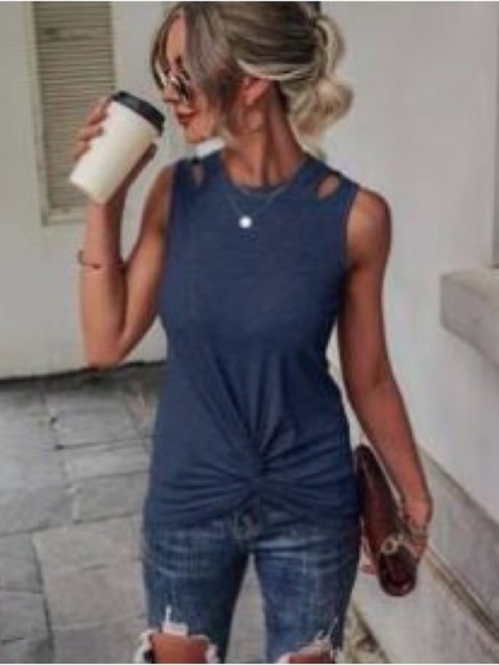 Women's Navy Twist-Front Sleeveless Top
